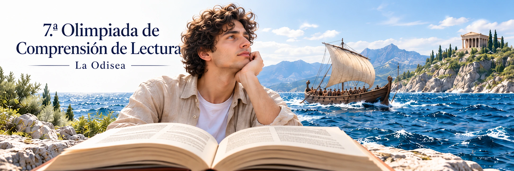 Joven universitario con un libro abierto, un barco griego sobre el mar azul y la isla de Ítaca con vegetación verde